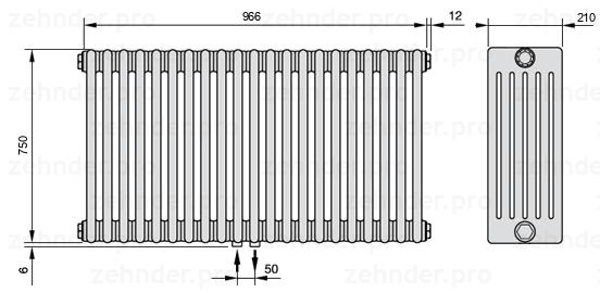 Схема (чертеж) Радиатор Zehnder Charleston 6075/21 №3470 Белый глянцевый RAL 9016